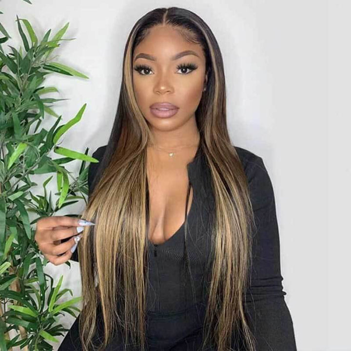 HD transparent lace front wig, 180% density 1B/30 Highlight straight human hair