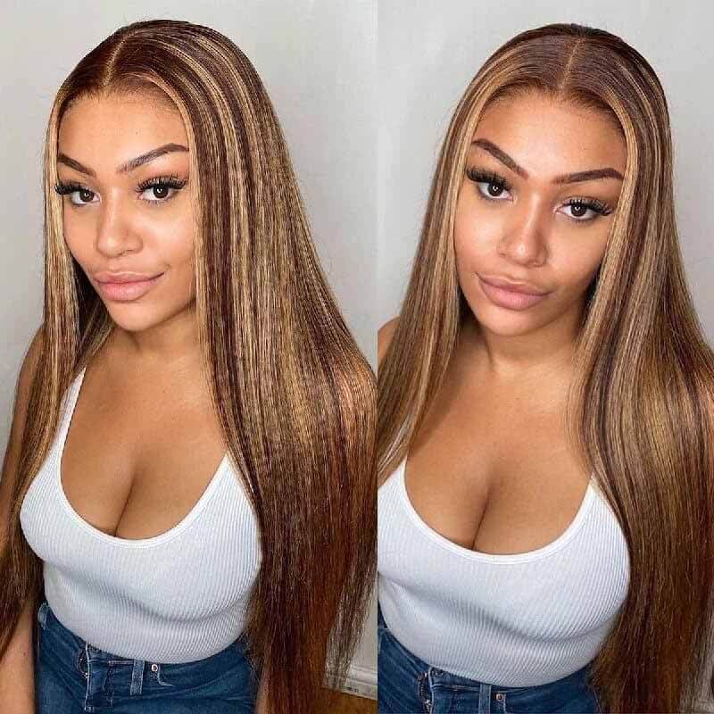 HD transparent lace front wig, 180% density Highlight straight human hair