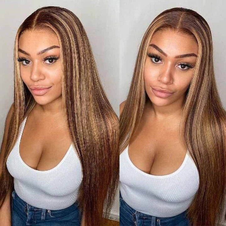 HD transparent lace front wig, 180% density Highlight straight human hair