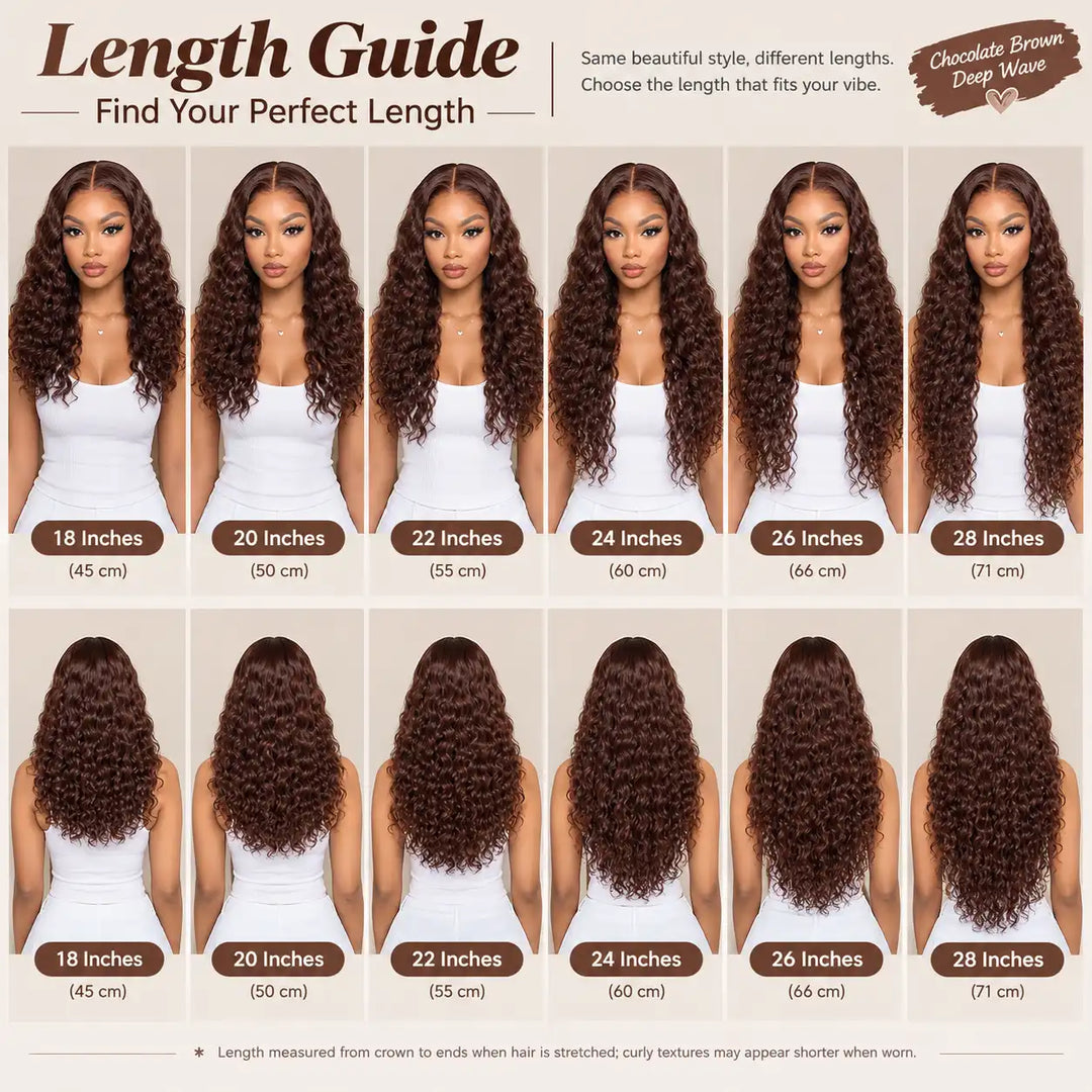 Hair length and density guide chart for Chocolate Brown Deep Wave Human Hair Wig
