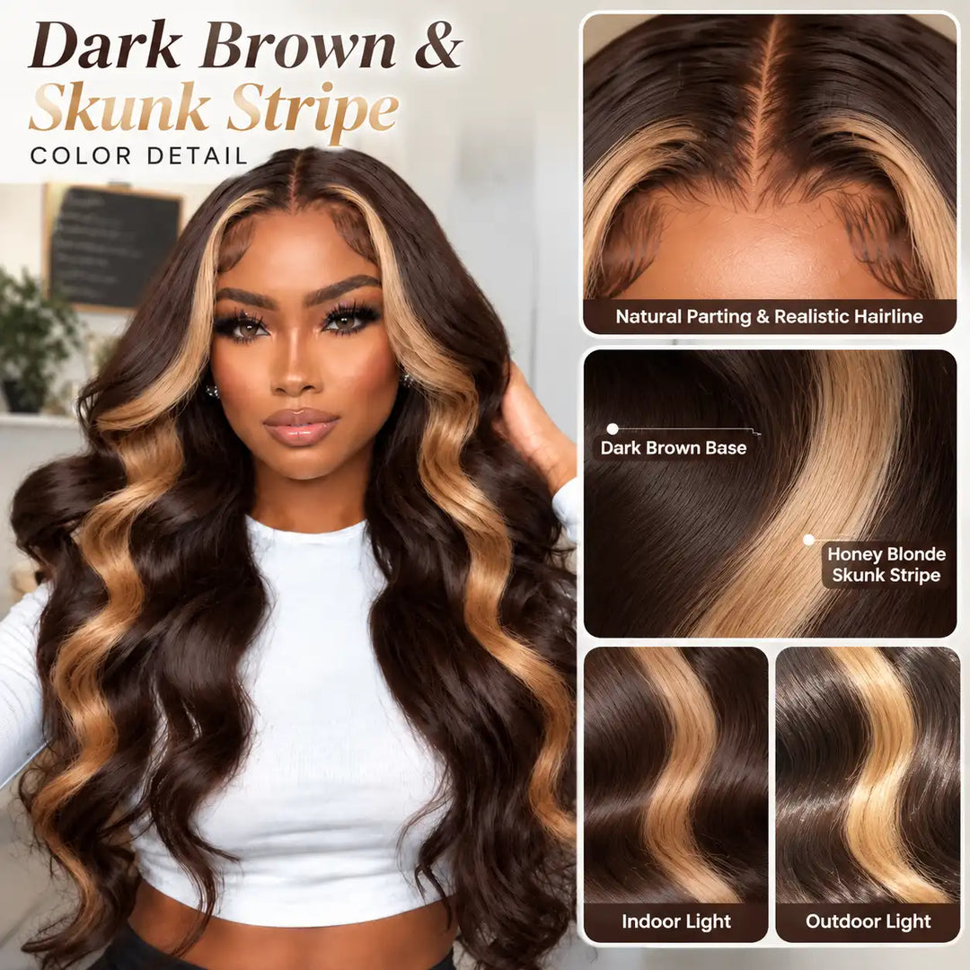 High-Contrast Chocolate Brown and Skunk Stripe Money Piece Human Hair Wig Texture