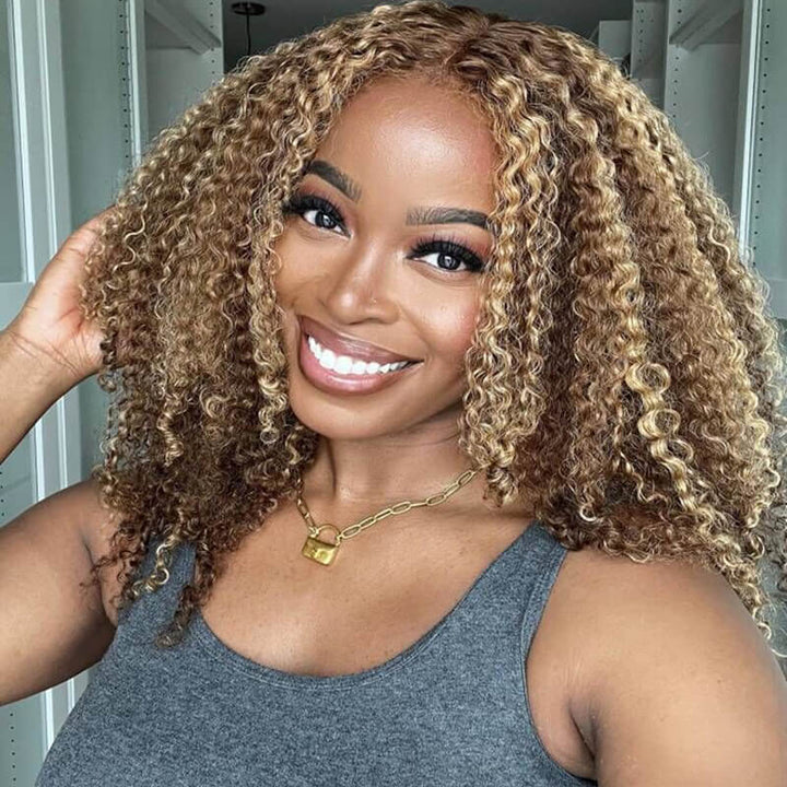 Highlight 4/27 color Jerry Curly Bob wig, 13x4 glueless lace front