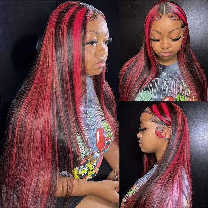 Highlight Burgundy 13x4 straight lace front wig, 200% 250% density