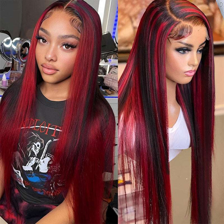 Highlight Burgundy straight glueless wig, 13x4 HD transparent lace front