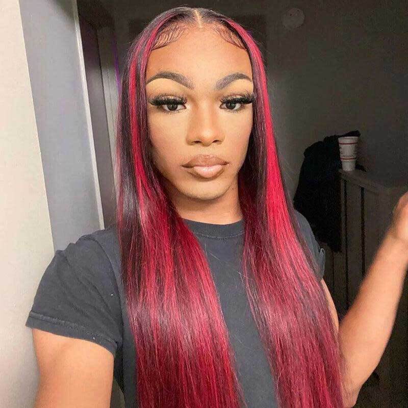 Highlight Burgundy straight human hair, 13x4 lace front glueless wig, seamless melt
