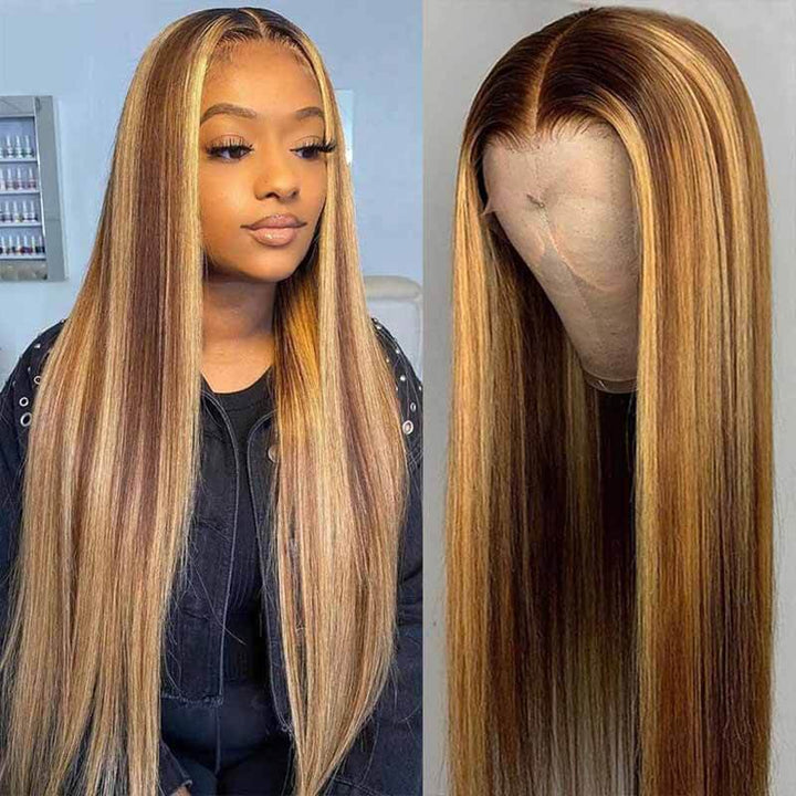Highlight Straight lace front wig, 13x4 HD transparent lace, colored human hair