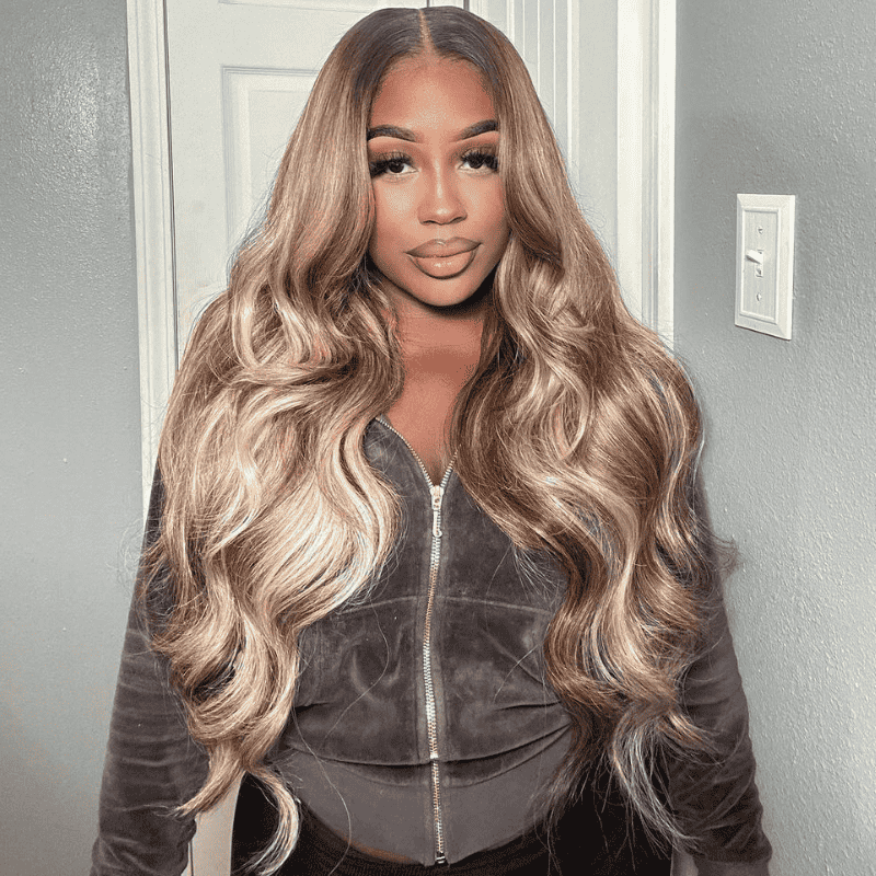Honey Blonde Brown Highlights body wave wig, 250% density, 13x4 lace front