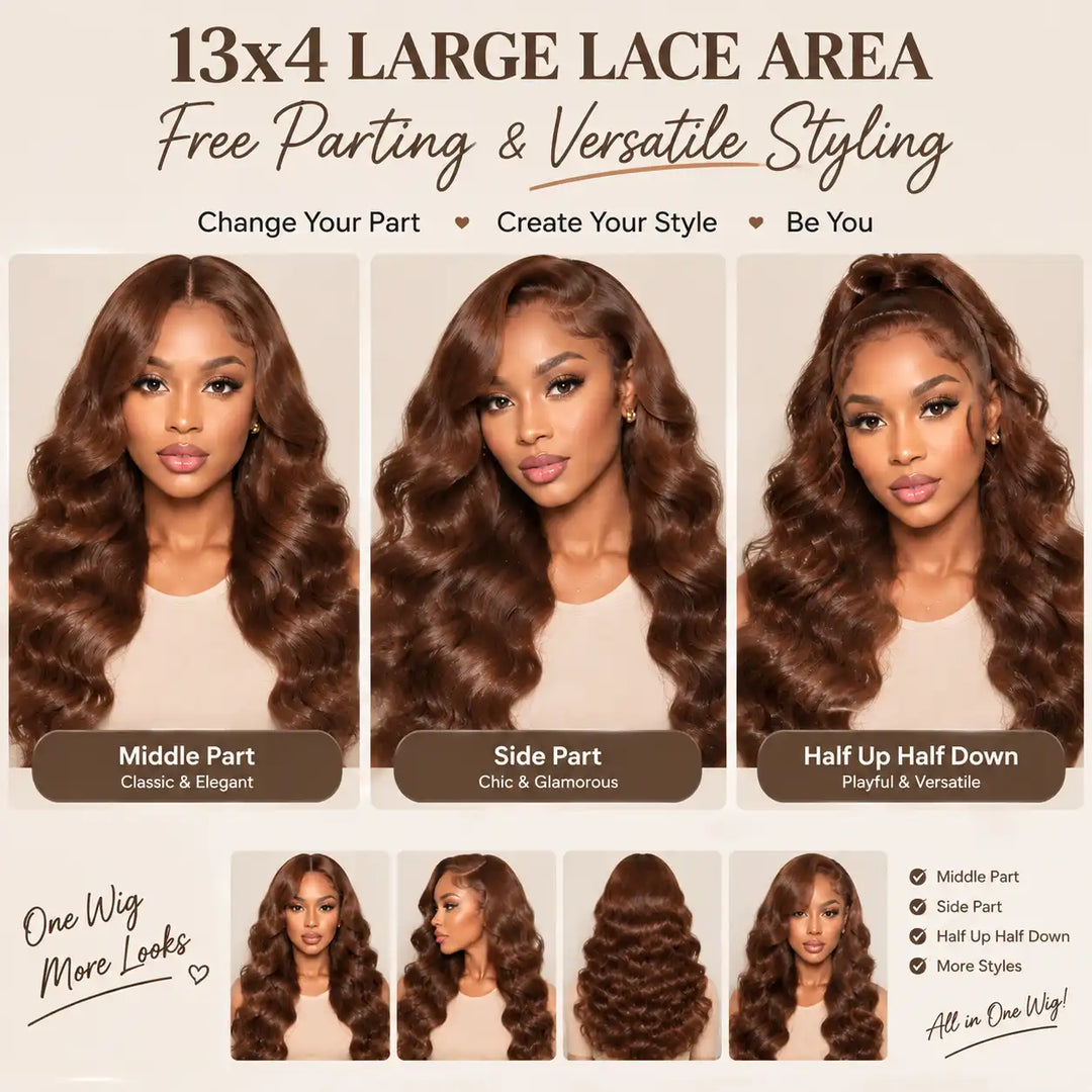 Informational image for Chocolate Brown Loose Deep Wave 13x4 HD Lace Front Wig Wand Curls demonstrating multiple versatile styling options including Middle Part, Side Part, and Half Up Half Down hair styles.