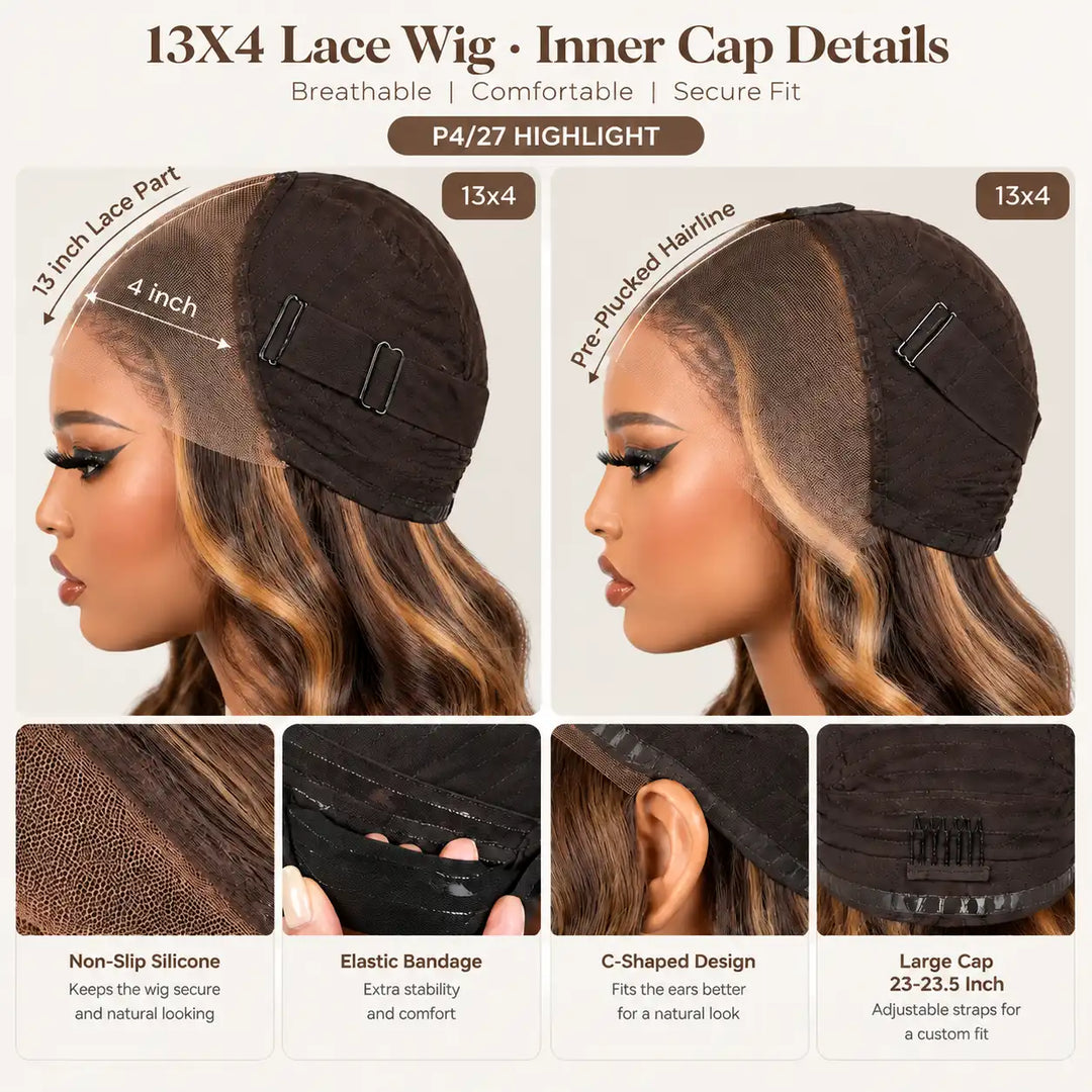Inside cap structure of 23-23.5 inch Large Cap Size P4/27 Highlight Body Wave 13x4 Lace Front Human Hair Wig with secure combs and adjustable elastic straps.