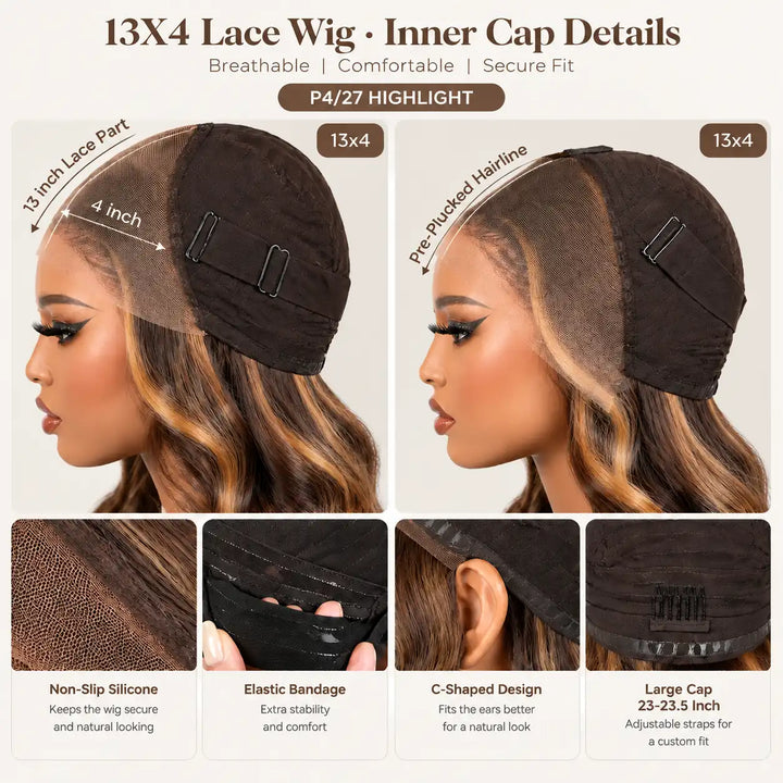 Inside cap structure of 23-23.5 inch Large Cap Size P4/27 Highlight Body Wave 13x4 Lace Front Human Hair Wig with secure combs and adjustable elastic straps.