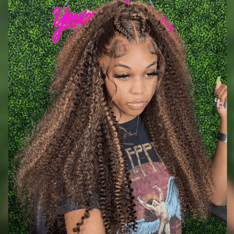 Kinky Curly human hair wig with Honey Blonde Brown Highlights, 300% density