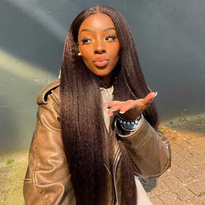Kinky Straight human hair, 4x4 lace closure glueless wig, Bye Bye Knots for seamless scalp melt