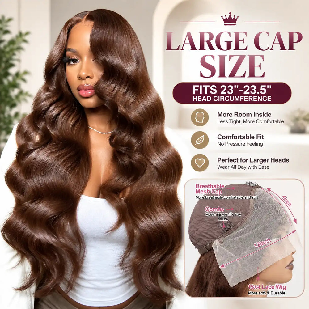 Large cap size 23-23.5 inch wig cap with adjustable straps and elastic band for comfortable fit, featured on chocolate brown body wave wig
