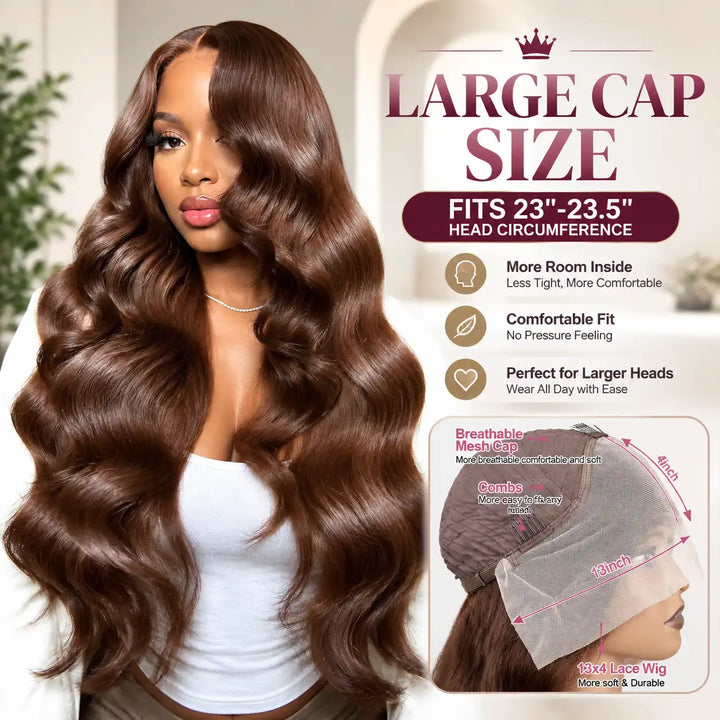 Large cap size 23-23.5 inch wig cap with adjustable straps and elastic band for comfortable fit, featured on chocolate brown body wave wig