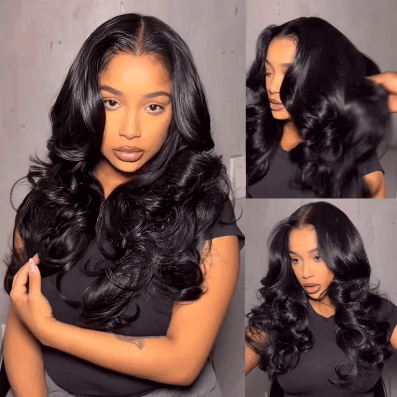 Layered Cut 13 by 4 13 by 6 lace front loose wave wig with curtain bangs in natural black