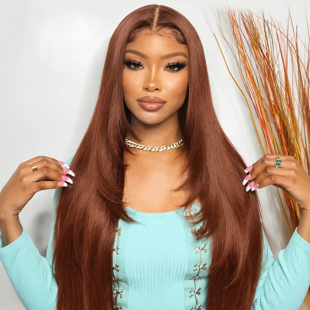 Layered Cut Copper Brown Wig 13x4 HD Transparent Lace Frontal Human Hair Wigs
