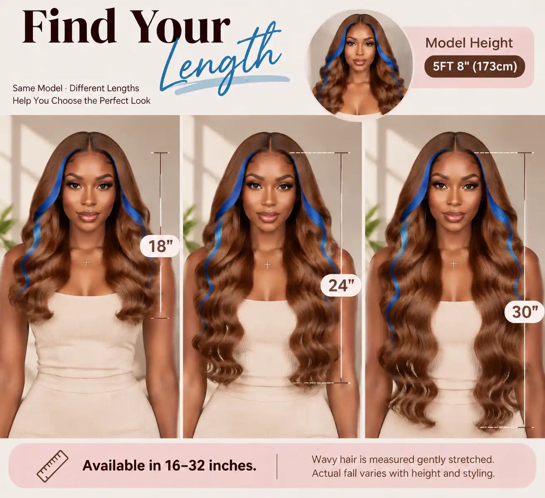 Length chart guide for Chocolate Brown Skunk Stripe Wig With Blue Highlights 13x4 HD Lace Frontal Hair Wigs