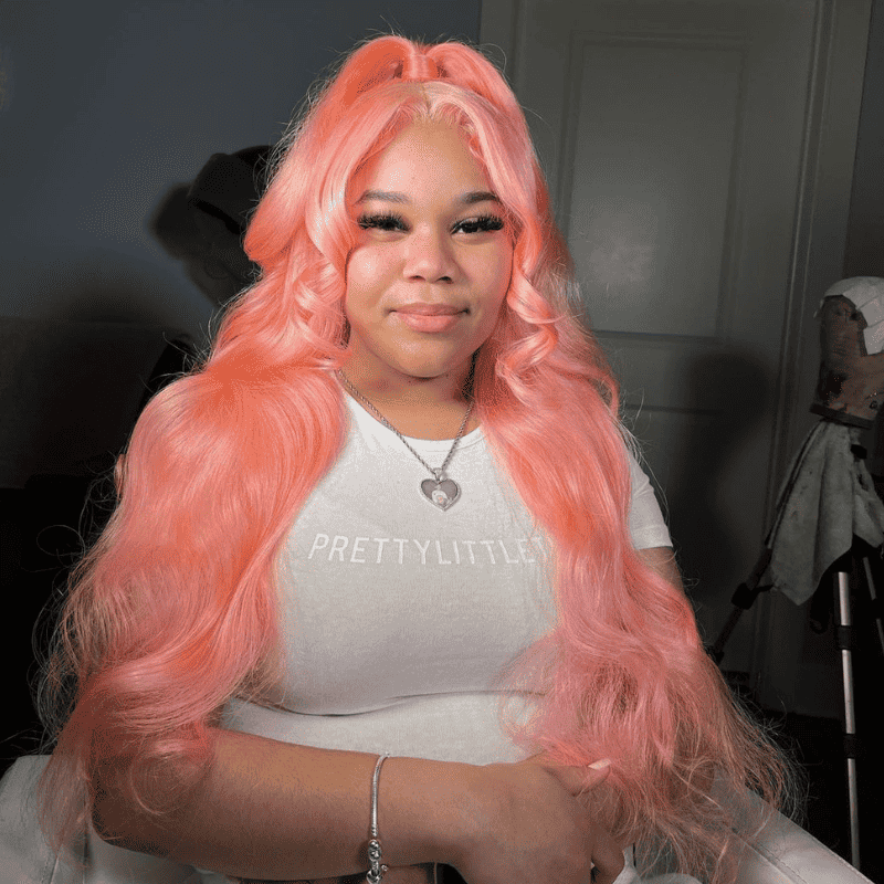 Light Baby Pink Body Wave 13x4 lace front wig, 200% 250% density
