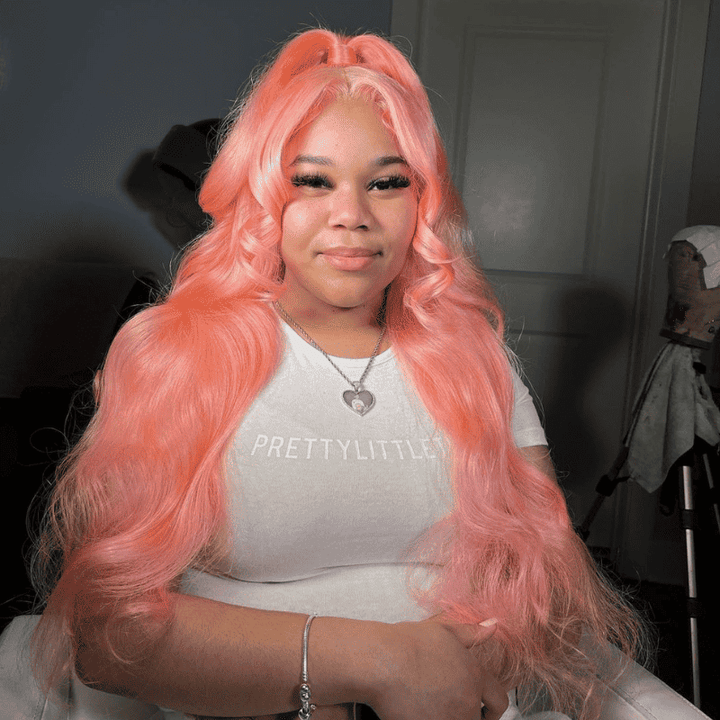 Light Baby Pink Body Wave 13x4 lace front wig, 200% 250% density