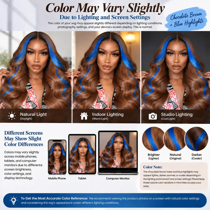 Lighting and screen color variations guide for Chocolate Brown Skunk Stripe Wig With Blue Highlights 13x4 HD Lace Frontal Hair Wigs