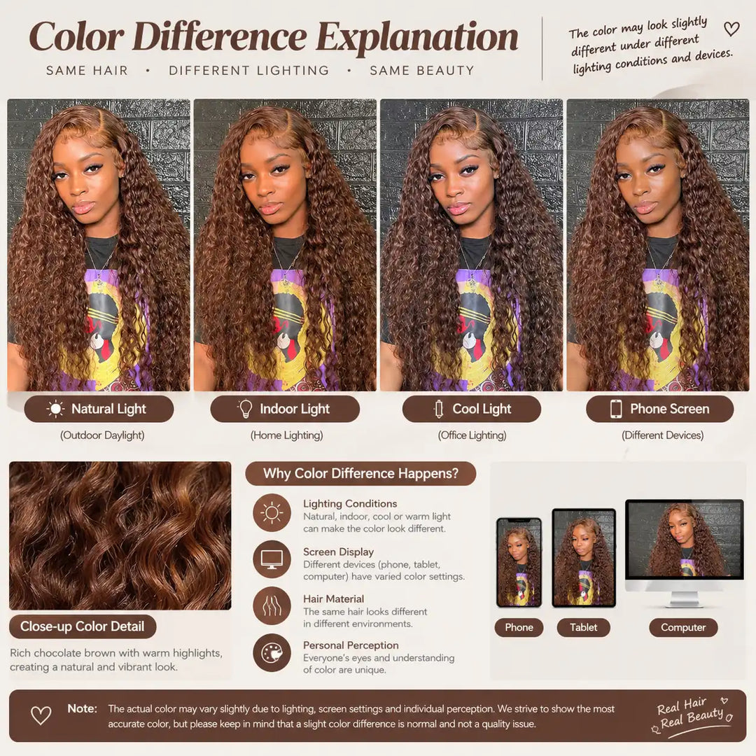 Lighting comparison guide showing Chocolate Brown Deep Wave Wig under natural light, indoor light, and different screen displays