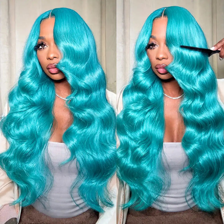 Long pastel mint green straight body wave lace front wig made with human hair