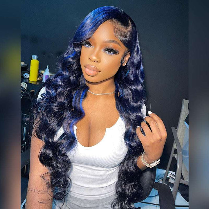 Loose Deep Wave Blue Highlight Wig Natural Hair Texture With HD Lace Front