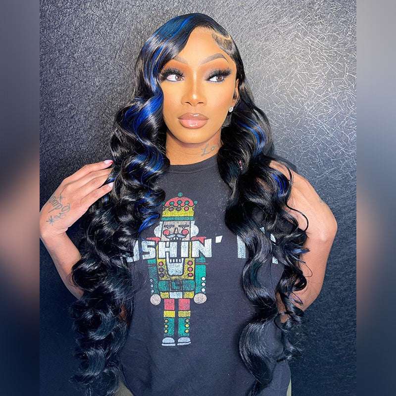 Loose Deep Wave human hair wig, Blue Highlights, 13x4 HD lace, 300% density