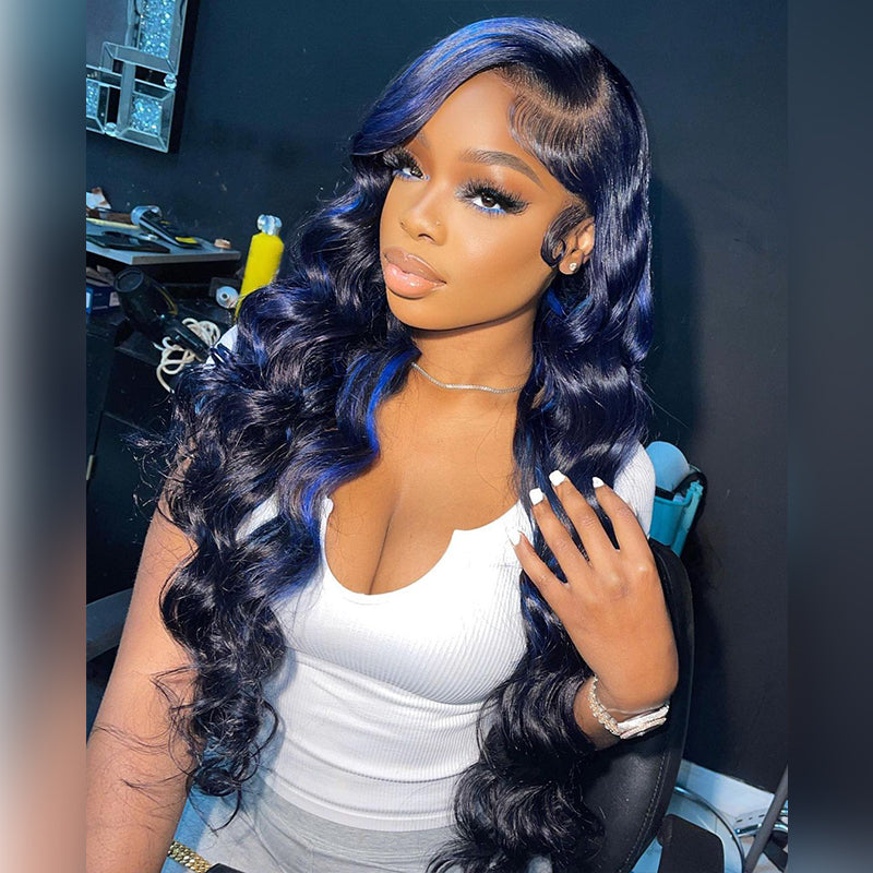 Loose Deep Wave human hair wig, Blue Highlights wand curls, 13x4 HD lace