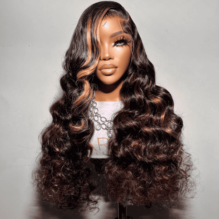 Loose Deep Wave wig with Brown Highlights, 250% density 13x4 lace front