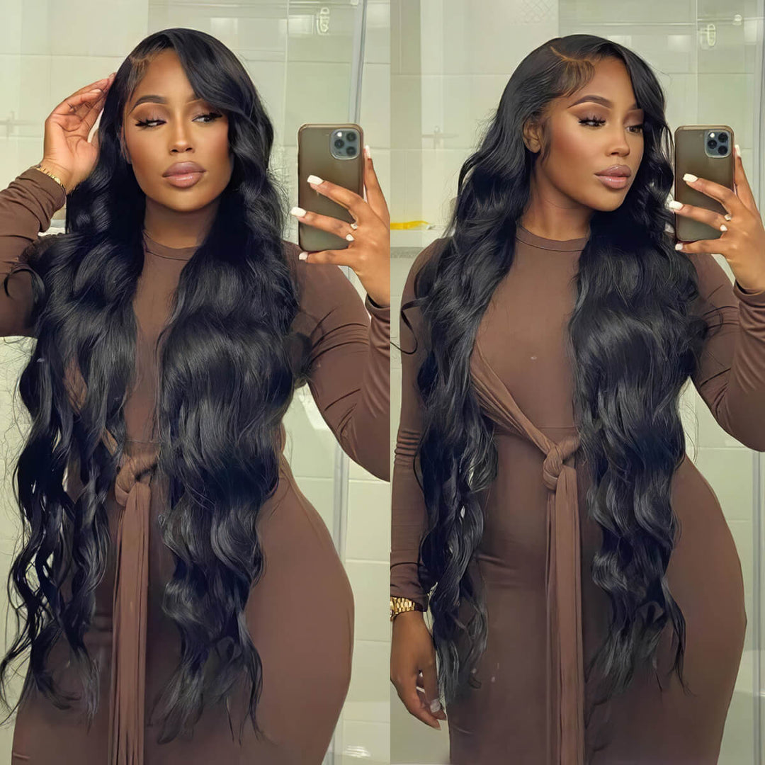 Model Wearing 30 32 34 36 38 Inch Bussdown  13 * 4 HD Lace Frontal Loose Body Wave Virgin Human Hair Wigs For Black Women