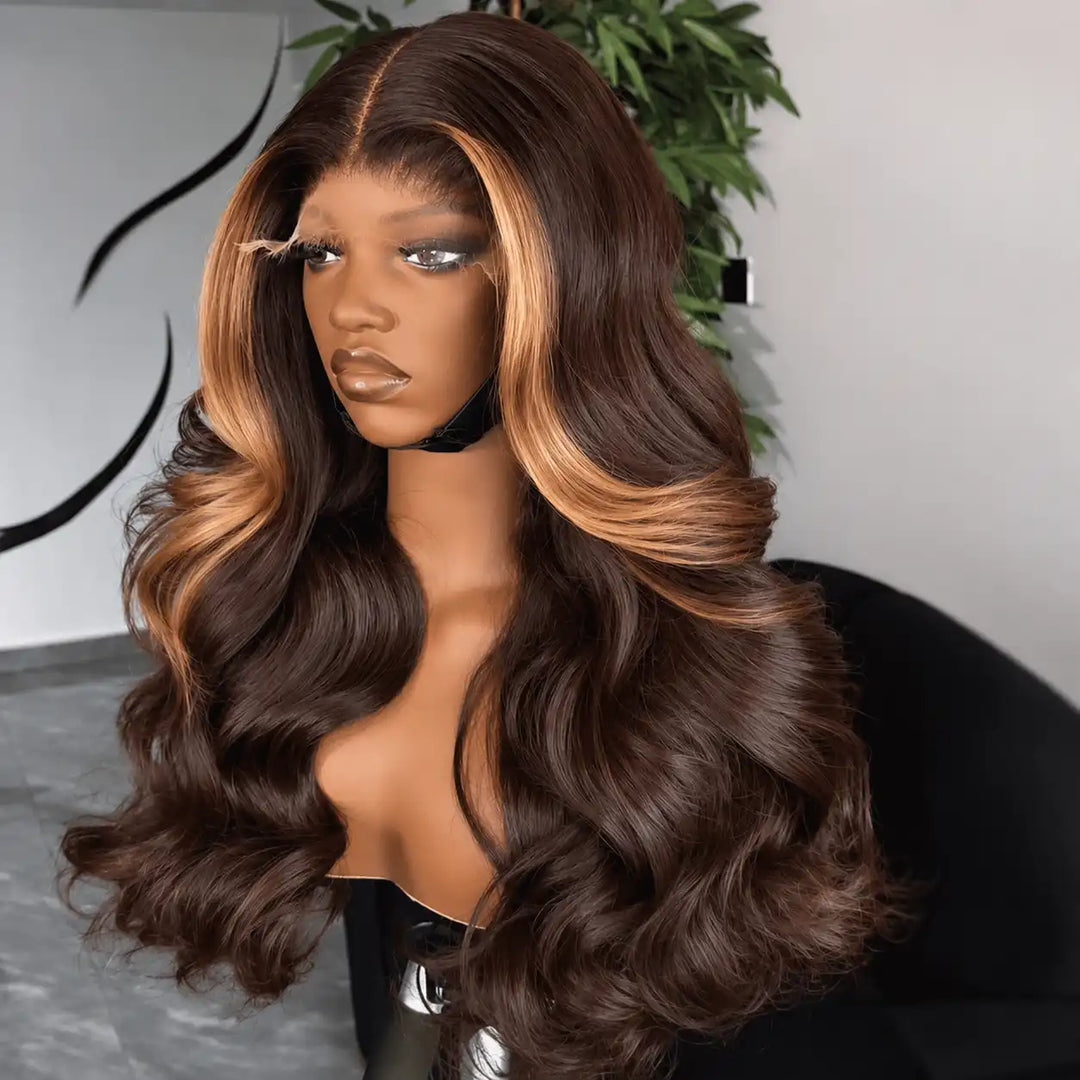 Money Piece Dark Brown Skunk Stripe 13x4 HD Lace Front Human Hair Wig with Face-Framing Highlights