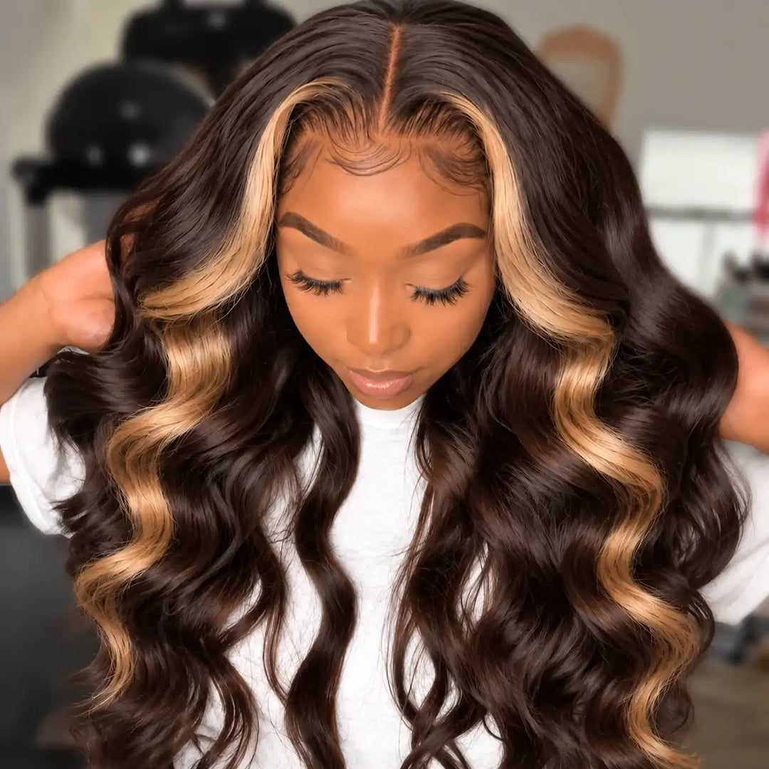 Money Piece Dark Brown Skunk Stripe 13x4 HD Lace Front Human Hair Wig with Face-Framing Highlights