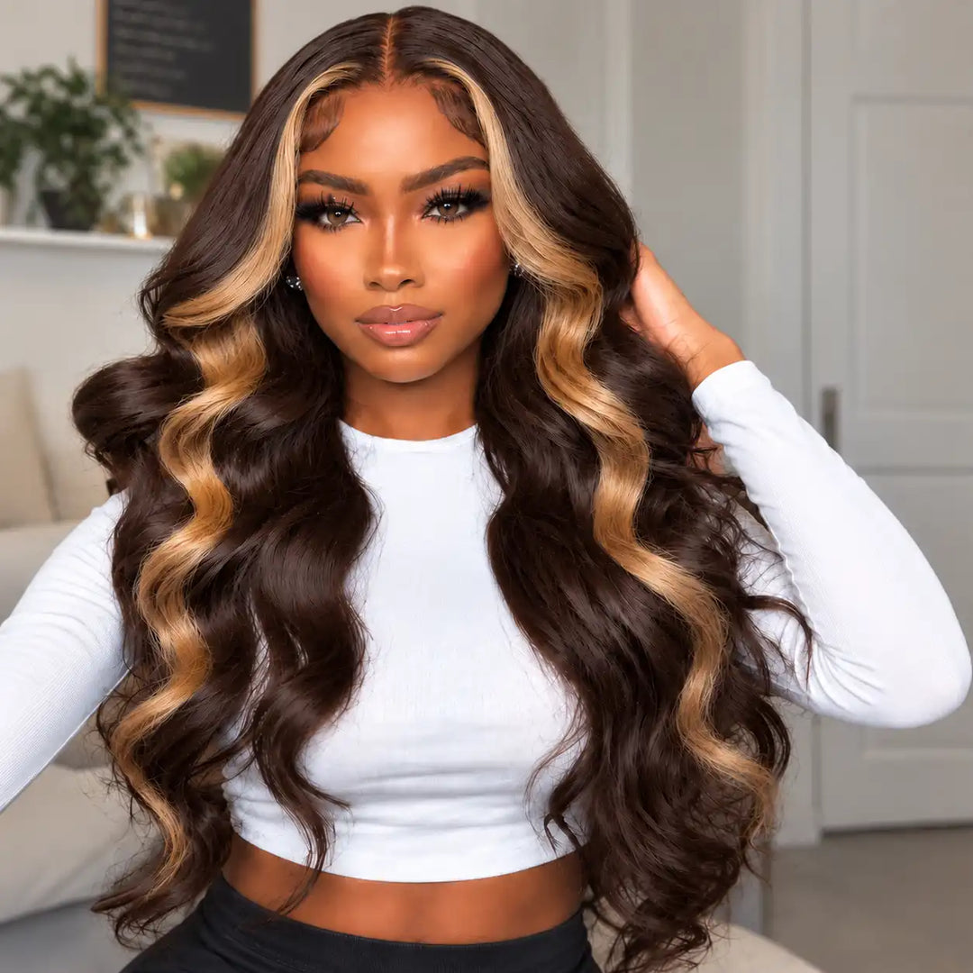 Money Piece Dark Brown Skunk Stripe Highlight 13x4 HD Lace Front Human Hair Wig