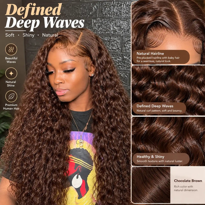 Multi-angle showcase of Chocolate Brown Deep Wave 13X4 Lace Frontal Wig in natural daylight