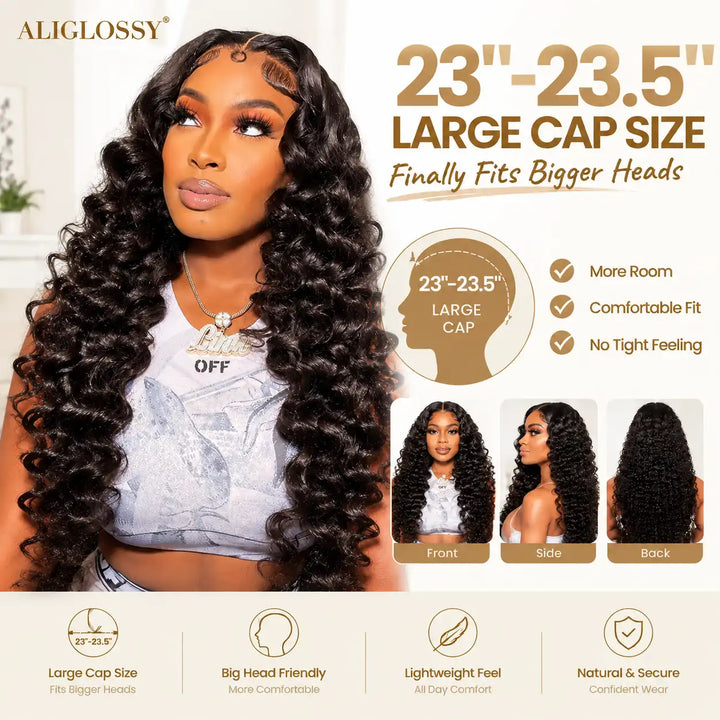 Natural HD Lace Frontal Pre-Plucked Hairline on 23-23.5 Inch Large Cap Loose Deep Wave Wig