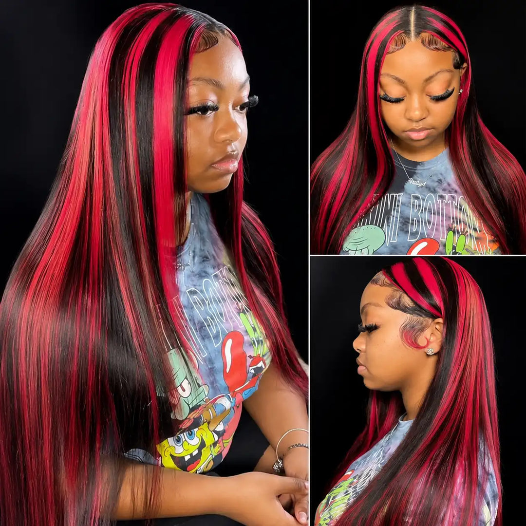 Natural Looking 1B/Burgundy Highlight Straight Lace Wig