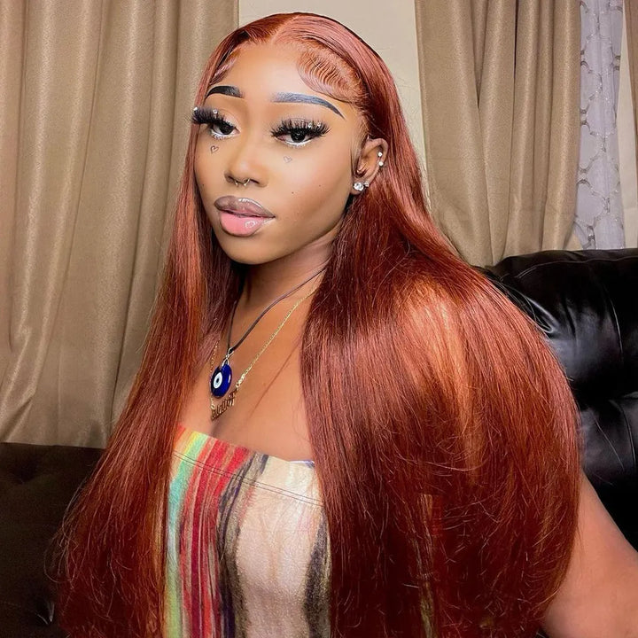 Natural Looking Reddish Brown Straight Human Hair Lace Front Wig