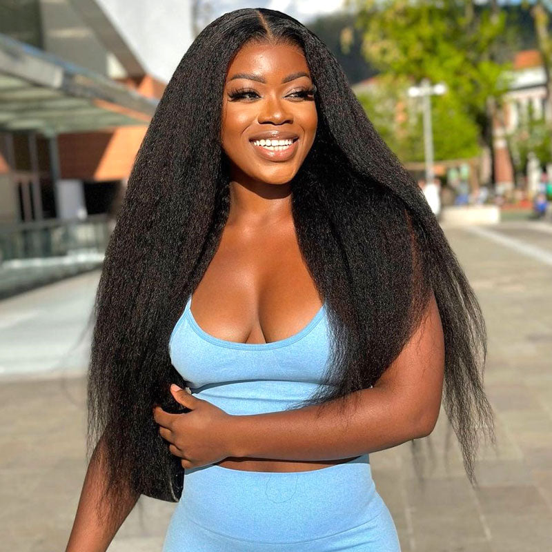 Natural black Kinky Straight wig, 4x4 13x4 HD lace front closure, human hair