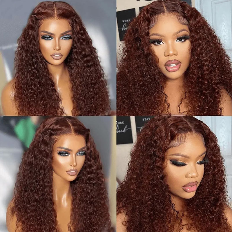 Natural looking reddish brown deep wave glueless curly wig with 5x5 HD transparent lace