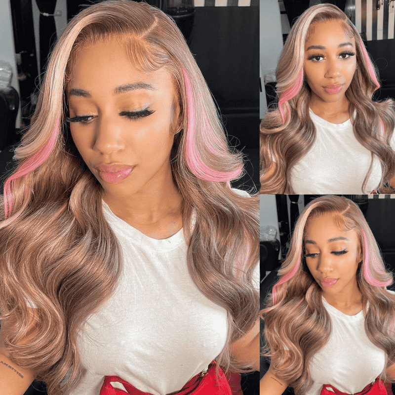 Neapolitan 13x4 Lace Front Human Hair Wig Brown Hair With Pink Highlights 250% Density