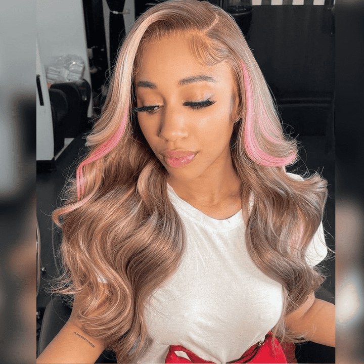Neapolitan Human Hair Wig With Brown Base And Pink Highlights Lace Front Style