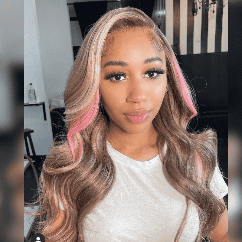 Neapolitan Pink Highlight Lace Front Human Hair Wig With Full Volume Style