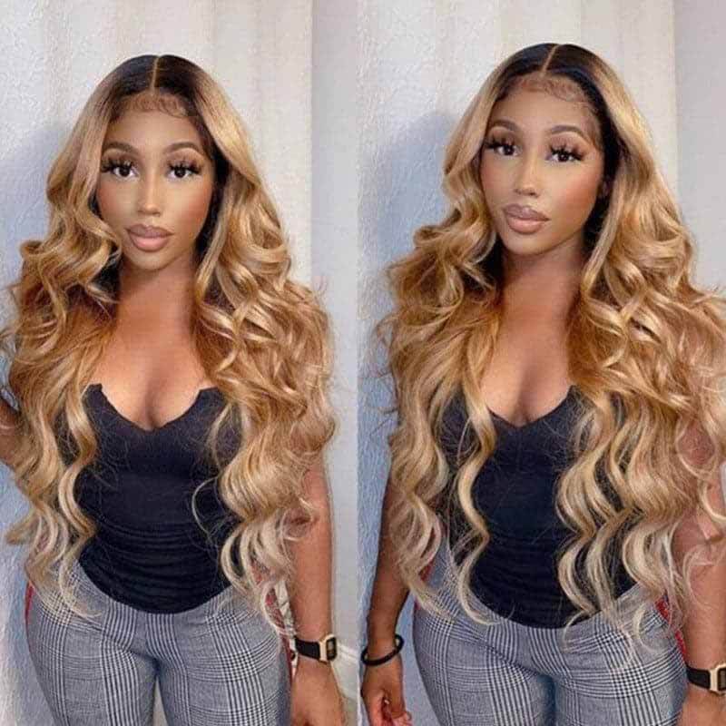 Ombre 1B27 1B30 Body Wave human hair wig, 180% density, 13x4 HD lace