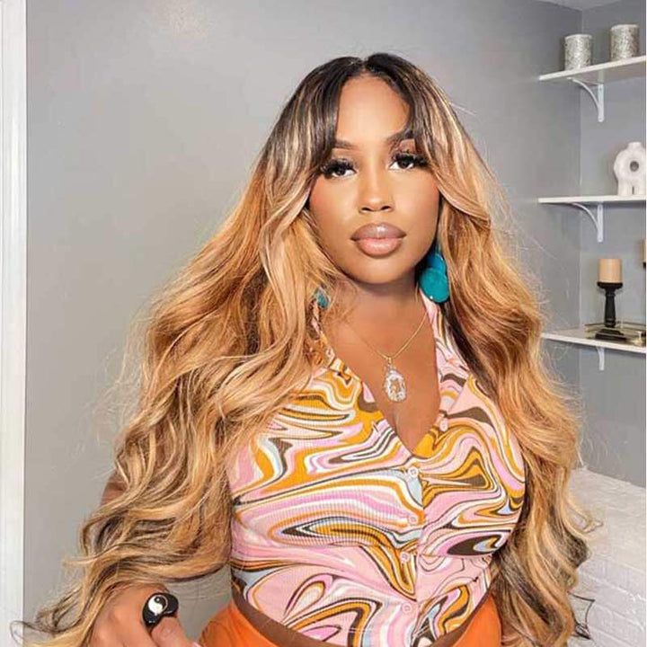 Ombre 1B27 Body Wave human hair wig, 180% density, 13x4 glueless lace
