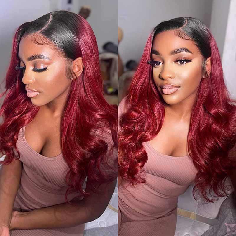 Ombre 1B/99J Body Wave human hair wig, 250% density, 13x4 HD lace