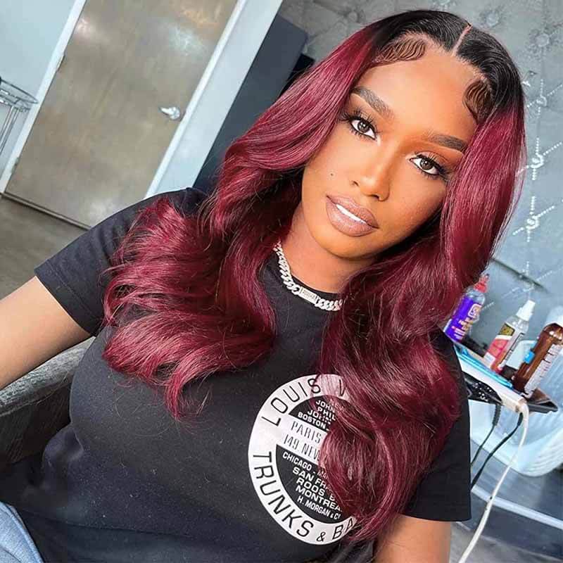 Ombre 1B/99J Body Wave human hair wig, 250% density, 13x4 HD lace