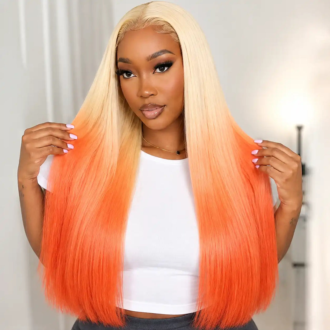Ombre 613 Blonde Orange Pink Yellow Straight 13x4 HD Lace Front Human Hair Wig