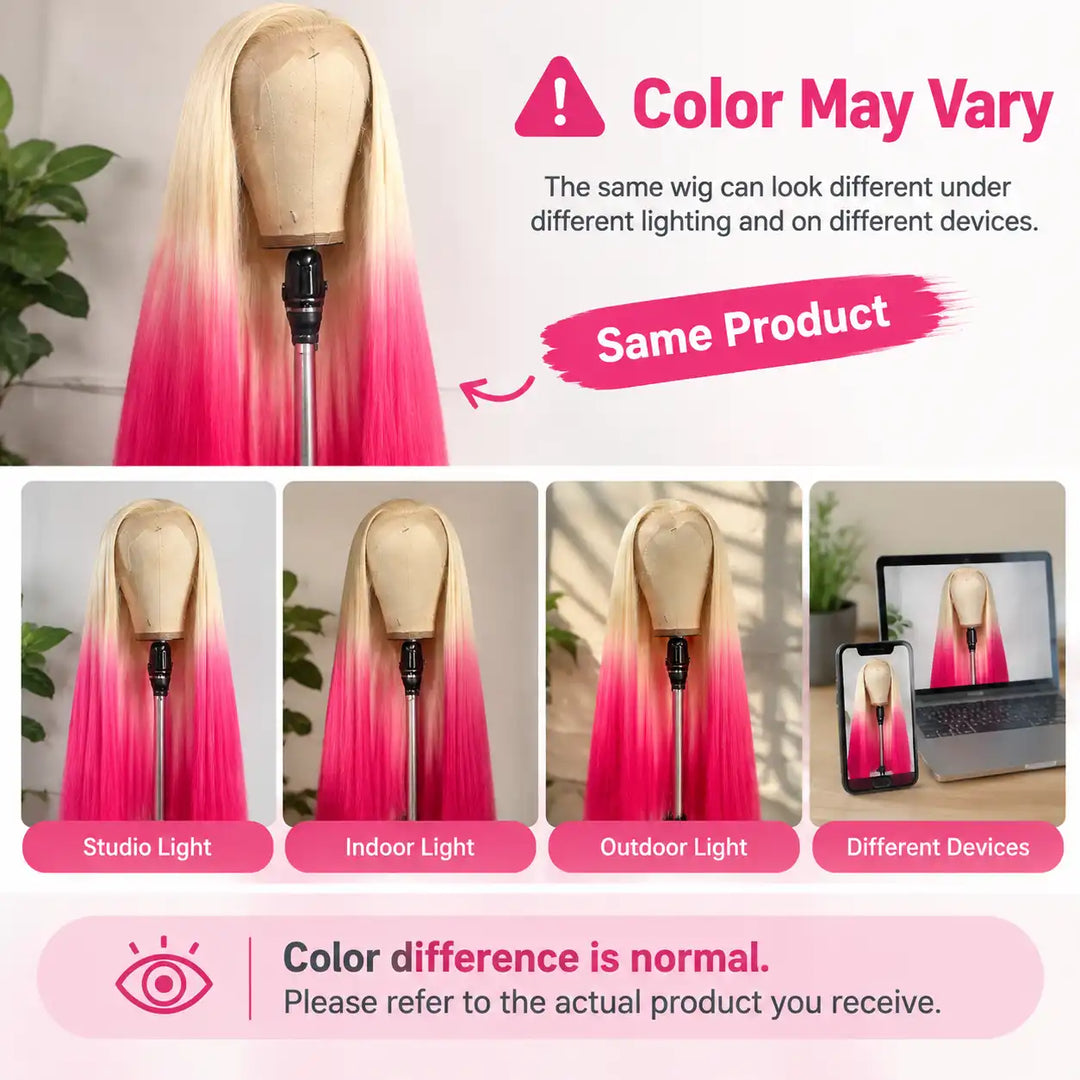 Ombre 613 Blonde Orange Pink Yellow Straight 13x4 HD Lace Front Human Hair Wig displayed in indoor warm lighting, showing rich hair color and texture.