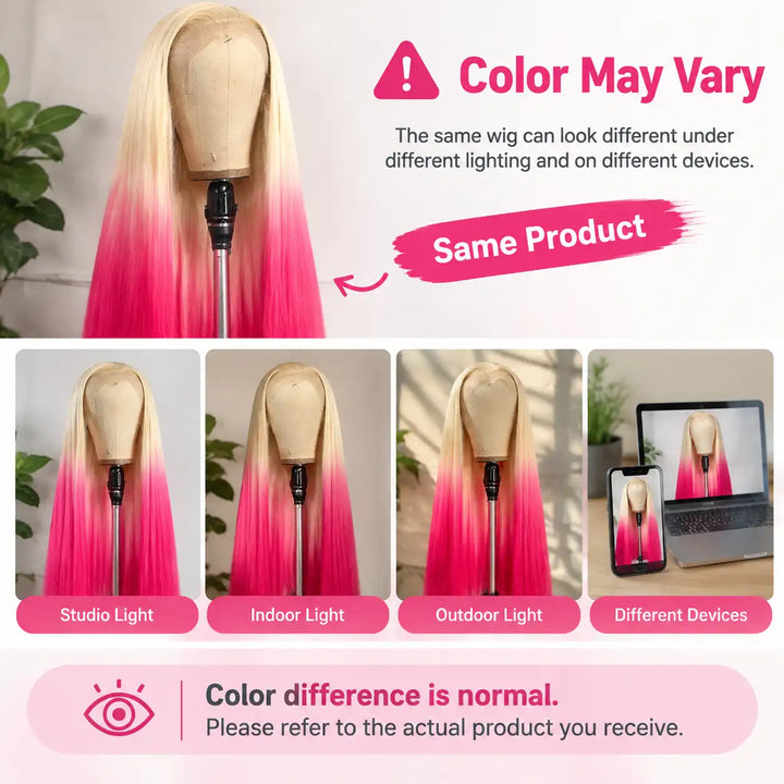 Ombre 613 Blonde Orange Pink Yellow Straight 13x4 HD Lace Front Human Hair Wig displayed in indoor warm lighting, showing rich hair color and texture.